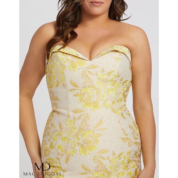 NWT Mac Duggal 66801 Metallic Brocade Strapless Bustier Gown Lemon Size 14W - Picture 3 of 14